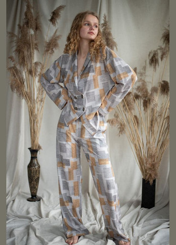Серая всесезон пижама soft-шелк в клетку рубашка + брюки Silence 028 Print gray