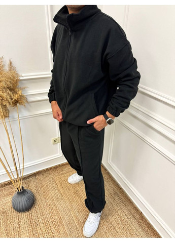 Чорний зимній костюм чоловічий флісовий штани і зіп худі без капюшона No Brand