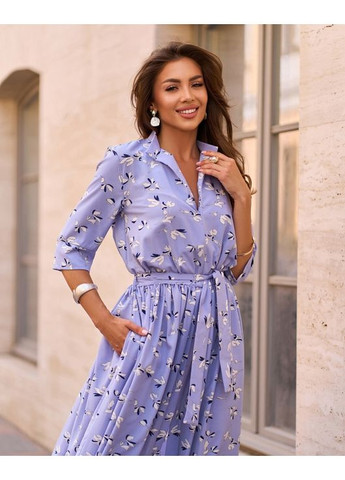 Блакитна повсякденний довге блакитне плаття з розрізом кльош ISSA PLUS з малюнком