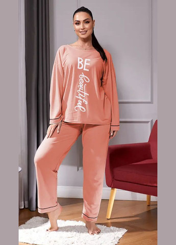 Пудровая всесезон женская пижама батал, домашний костюм из стрейч трикотажа. лонгслив + брюки No Brand піжама