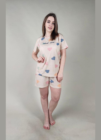 Бежевая всесезон женская коттоновая пижама с футболкой и шортами турецкого производства Mirano