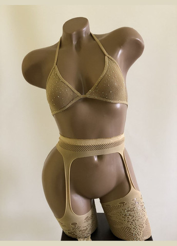 Бежевий демісезонний комплект панчохи з поясом та ліф зі стразами sexy one size (1-195 8-81) No Brand