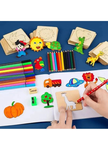 Дерев'яні трафарети для малювання 40 шт (20 дощечок), з двома фломастерами (променівний колір) No Brand (366303892)