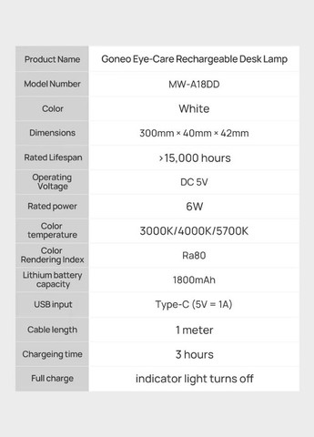 Лампа магнитная Goneo MW-A18DD 6W 5V/1A 60шт*0.2W/LED 30*10*42cm 3000K/4000K/K5700K 1800mAh Ra80 white No Brand (322291173)