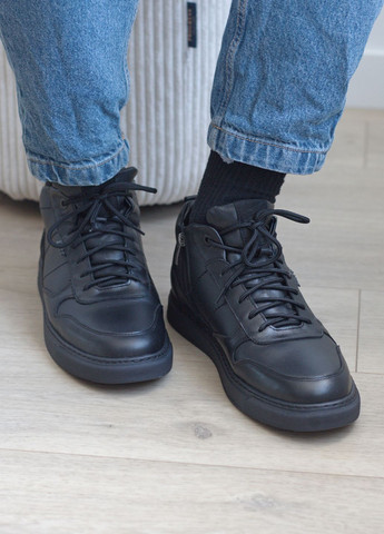 Черные кеды мужские зимние из натуральной черной кожи на меху с молнией No Brand 4417