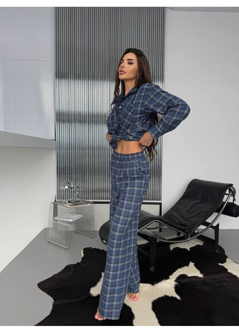 Синяя женская фланелевая пижама в клетку рубашка + брюки No Brand С832/833-806/3