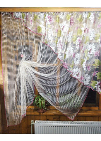 Фіранка готова коротка Фаїна молочна піон бузковий права No Brand (372133780)