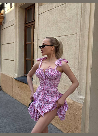 Розовое коктейльное, деловое, повседневный, кэжуал, вечернее женское платье с баской FINO Mode с цветочным принтом