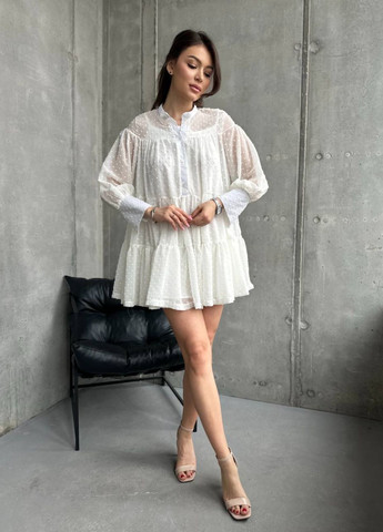 Молочное повседневный платье мини из двух частей: нижнее платье-майка и верхнее объемное Tik-Tak однотонное