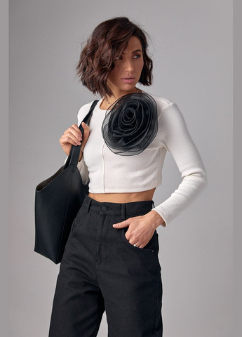 Чорний демісезонний короткий джемпер у рубчик з об'ємною квіткою Lurex