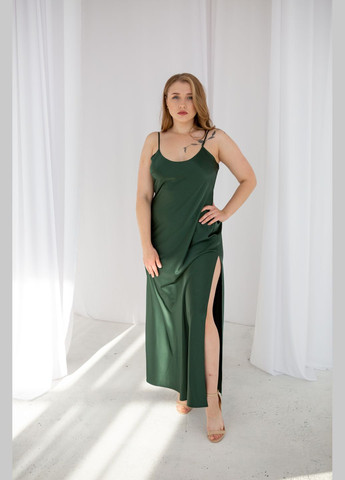 Темно-зелена коктейльна, вечірня шовкова сукня-комбінація "" з боковим розрізом сукня-комбінація Fayna однотонна