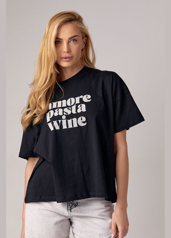 Чорна літня жіноча футболка oversize з написом amore pasta wine Lurex