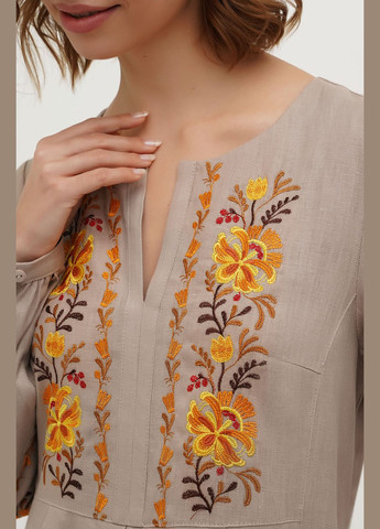 Серое льняное макси платье-вышиванка праздничное под пояс с цветами и карманами мальованка. серый, р.56, код 0434/56/133 ГАЛЕРЕЯ ЛЬОНУ