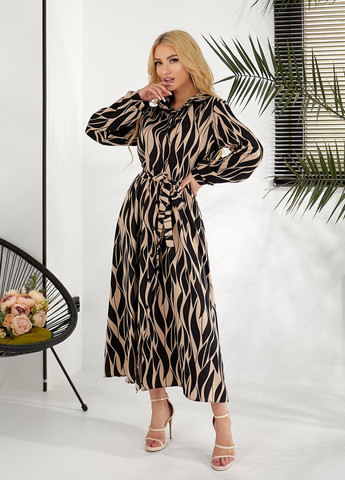 Бежевое повседневный, кэжуал, вечернее платье-рубашка с длинными рукавами рубашка No Brand с абстрактным узором