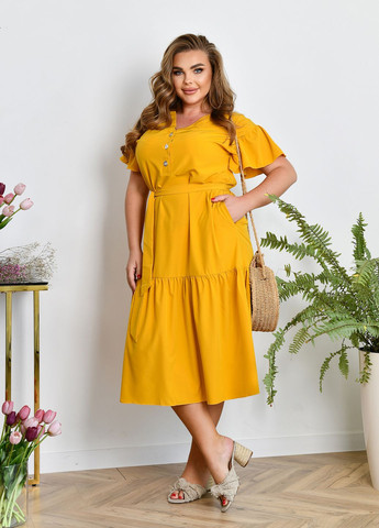 Горчичное повседневный, кэжуал однотонное платье летнее с коротким рукавом из софта колокол, а-силуэт No Brand однотонное