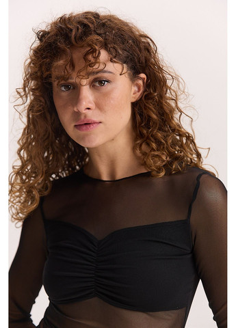 Женский лонгслив из молочной сеточки с драпировкой и вставкой на груди Arjen (353306031)