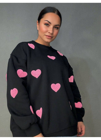 Чорний світшот жіночий 2975 оверсайз з об’ємними серцями W (370456413)