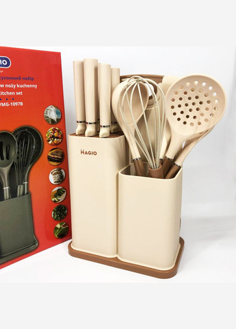 Кухонный набор 12 предметов, 5 ножей 5 лопаток и доска MG-1097I бежевый Magio (331162737)