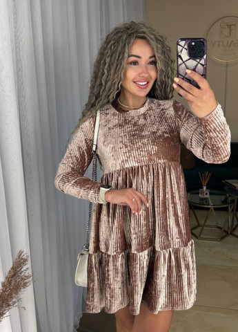 Пудровое повседневный стильное гофрированно-велюровое платье No Brand однотонное