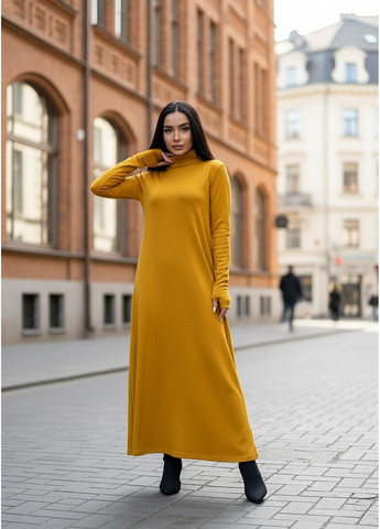 Гірчична повсякденний, джинсова, ділова, кежуал стильна жіноча сукня максі з м’якого трикотажу а-силует INNOE однотонна