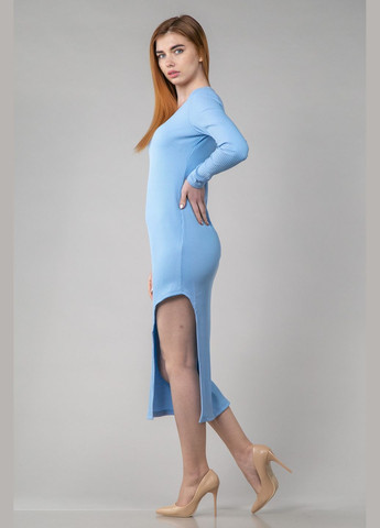 Блакитна кежуал плаття міді з розрізом в рубчик довгий рукав CHICLY однотонна
