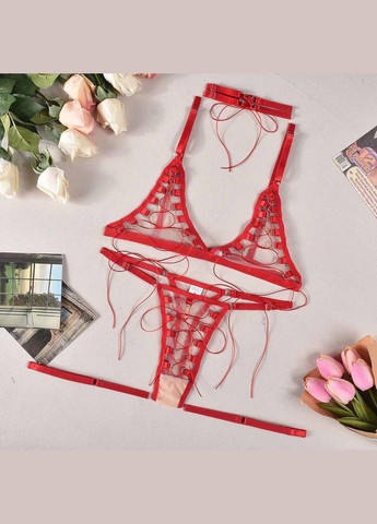 Червоний демісезонний комплект жіночої нижньої білизни poker з шнурівкою бюстгалтер трусики з гартерами та чокер червоний No Brand Покер