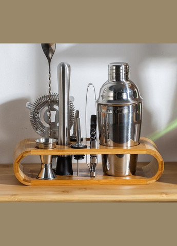 Набір для бару для приготування коктейлів з дерев'яною підставкою 750 мл 10 предметів Сріблястий (C051210) Bar (342122441)