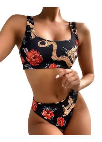 Чорний літній роздільний купальник із високошвидкісного еластану з вкладками. роздільний купальник із топом і квітковим принтом, l China