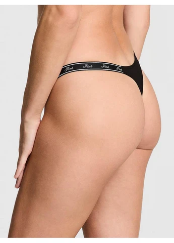 Трусики-стринги женские хлопковые PINK Logo Cotton Shine Micro Thong Panty черные M Victoria's Secret (401237809)