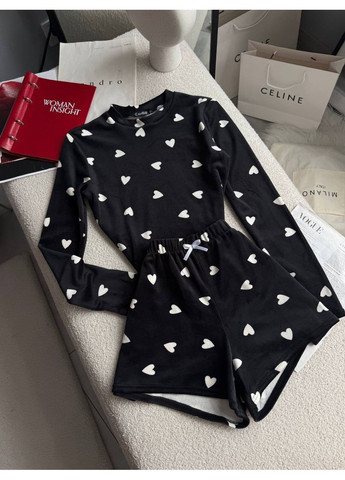 Чорна всесезон піжамка з плюшевого велюру — заміри в описі світшот + шорти Vione