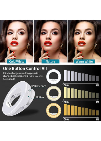 Кільцева LED-лампа-селфі RealPlus (40 діодів), на прищіпці, 3 режими, акумулятор, USB-зарядка. Shenzhen (372154211)