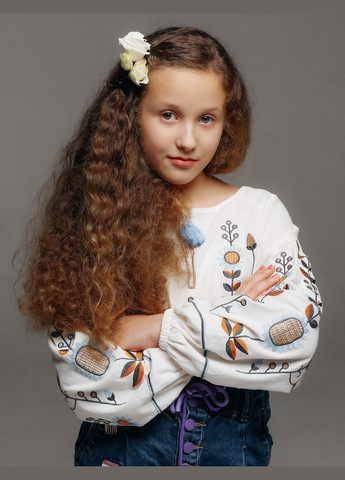 Молочная вышиванка льняная для девочки молочная блуза с вышивкой колосков и подсолнухов узор украинская символика лен (311221518)