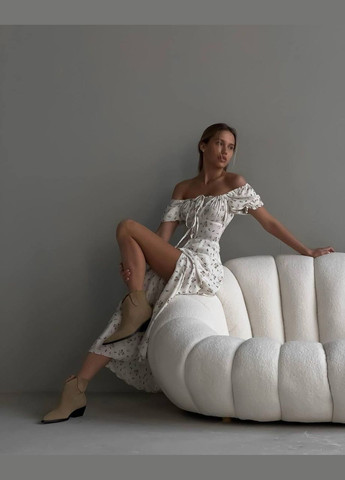 Молочное повседневный, кэжуал, вечернее женское платье Україна с цветочным принтом