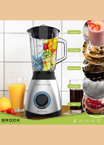 Блендер BL 1502 SS стационарный 500Вт/ стеклянная чаша 1,5л/ PULSE/ 2 скорост./дробление льда/металл BROCK (347174935)