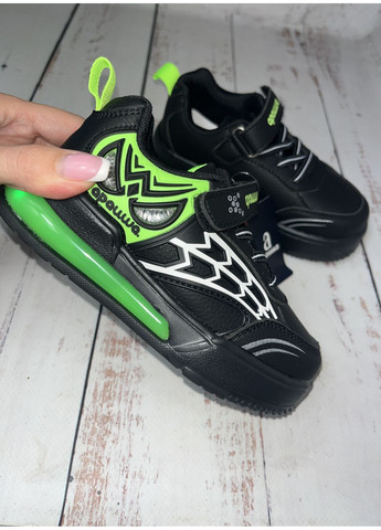 Черные всесезонные кроссовки детские черно-зеленый (638) Apawwa LED