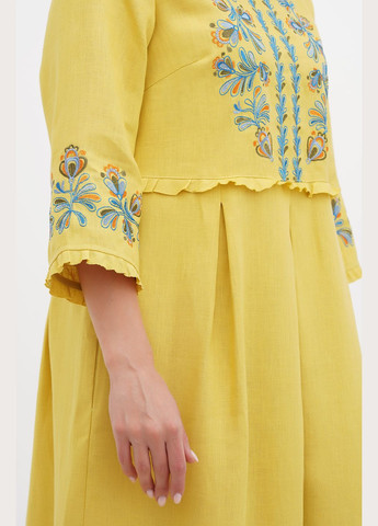 Жовтий вільна міді сукня-вишиванка з льону з квітковою вишивкою з кишенями ява., р., код 0268/50/309 ГАЛЕРЕЯ ЛЬОНУ