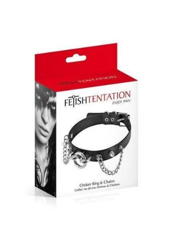 Ошейник цепочками, шипами и кольцом Fetish Tentation Choker Rings and Chains, экокожа SO2237 No Brand (303886369)