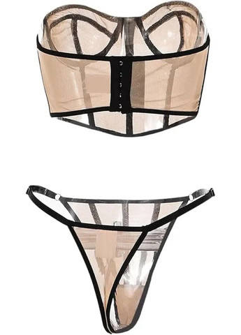 Бежевий демісезонний комплект жіночої спідньої білизни сітчастий з паєтками набір з корсет-бюстьє трусики No Brand Комплект нижньої білизни Rianna