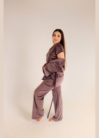 Кавова піжама -комплект з велюра (топ штани халат) капучино кофта + футболка + брюки No Brand 3 в 1