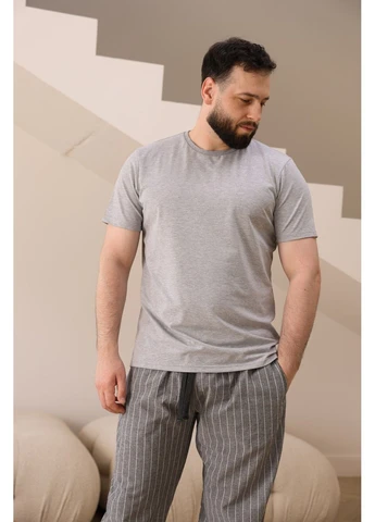 Піжама чоловіча футболка сіра меланж + штани COTTON STRIP в лінію сірі Handy Wear (396313062)