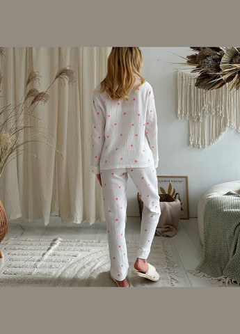 Бордовая женская пижама (рубашка+штаны) муслин белая сердца розовые m210p Cosy