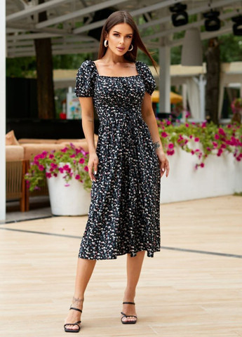 Черное повседневный платье меди с коротким рукавом фонарик Tik-Tak с цветочным принтом