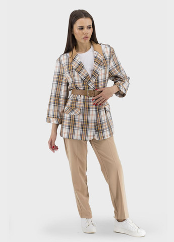 Жіночий класичний піджак в клітинку з поясом, рукав 7/8, без підкладки MAC (коричневий-клітинка, ), 41207 No Brand (331885811)