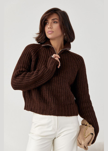 Коричневий зимовий жіночий в'язаний светр oversize з коміром на блискавці 03901 Lurex