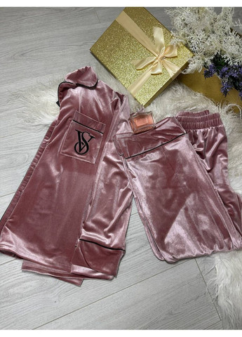 Пудровая зимняя женская бархатная пижама рубашка + брюки Asi.Store.ua