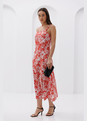 Коралловое женское летнее платье миди темно-синее с цветочными узорами и разрезом Arjen