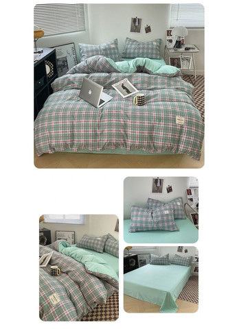 Двоспальний комплект постільної білизни з вареної бавовни у бірюзово-рожеву клітинку No Brand (366964651)