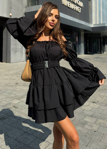 Черное повседневный изысканное легкое летнее мини платье с воланами и эластичным поясом с открытыми плечами Tik-Tak однотонное