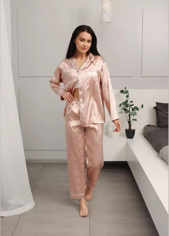 Светло-розовая всесезон женская атласная пижама с сердечками пижамный комплект двойка рубашка и брюки набор для дома с принтом сердечка рубашка + брюки Cindylove