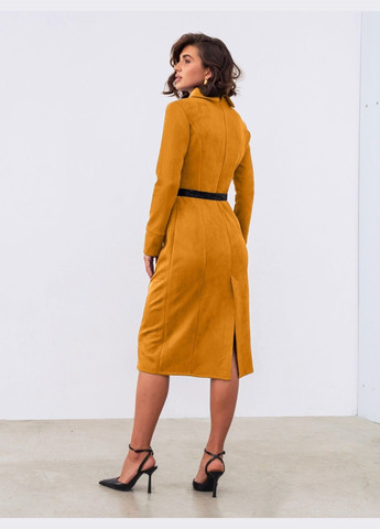 Горчичное кэжуал платье-миди горчичного цвета с галстуком и поясом Dressa однотонное
